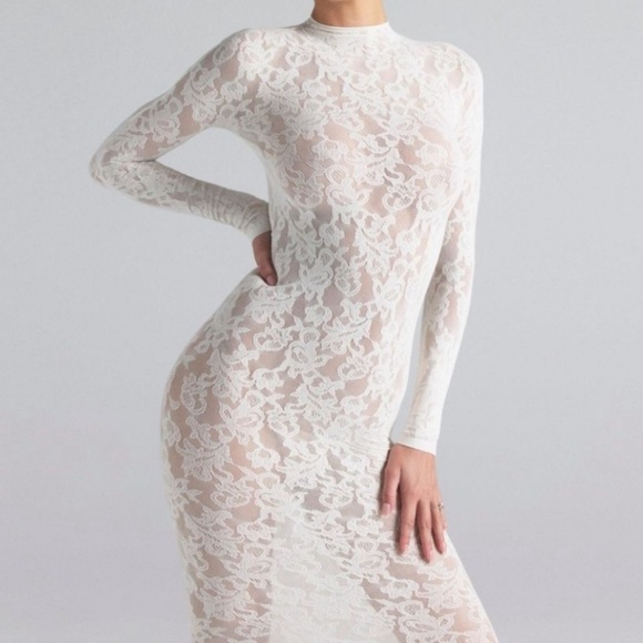 SKIMS Dresses & Skirts - Skims Knit Lace Turtleneck Maxi dress Ivory